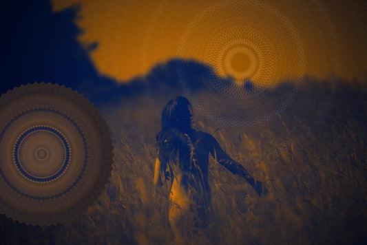 teal and orange image of me in the fields gazing at the skies, with kaleidoscopes 