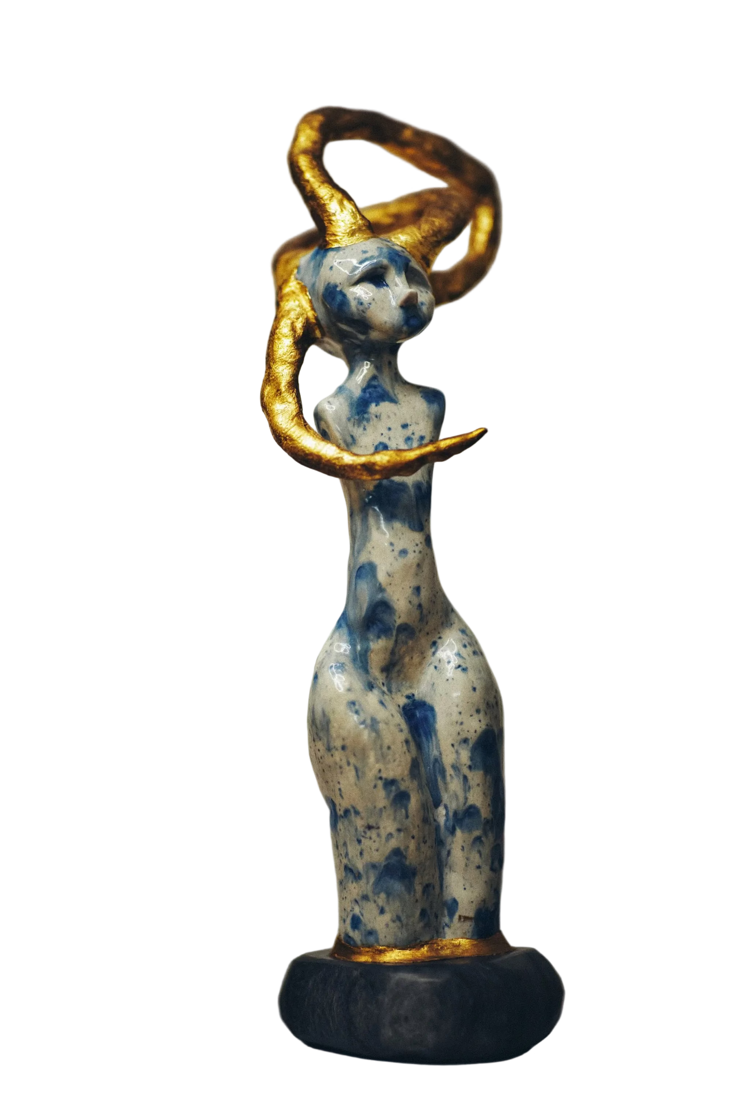 Abstract sculpture of a figure with blue and gold elements on a neutral background