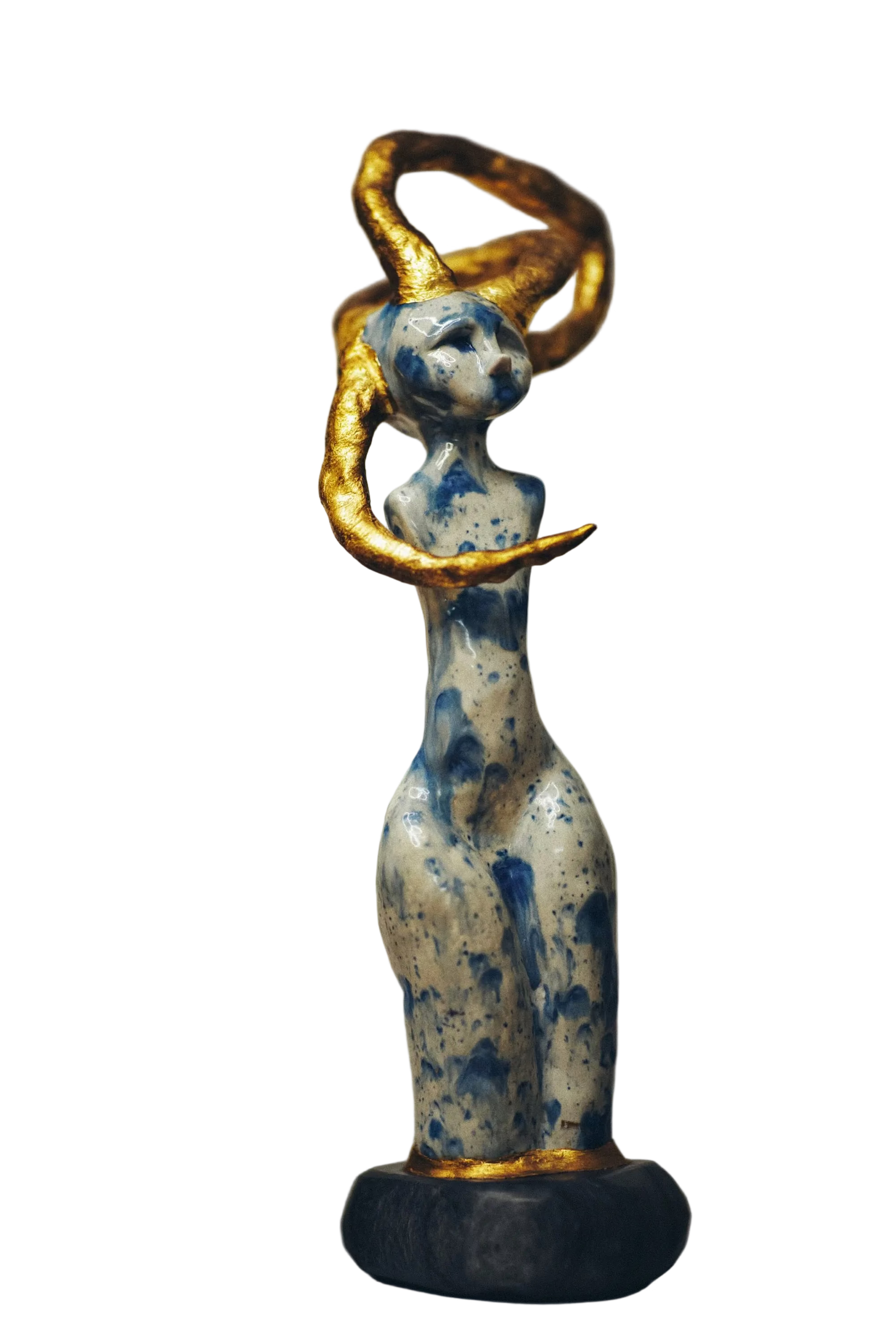 Abstract sculpture of a figure with blue and gold elements on a neutral background