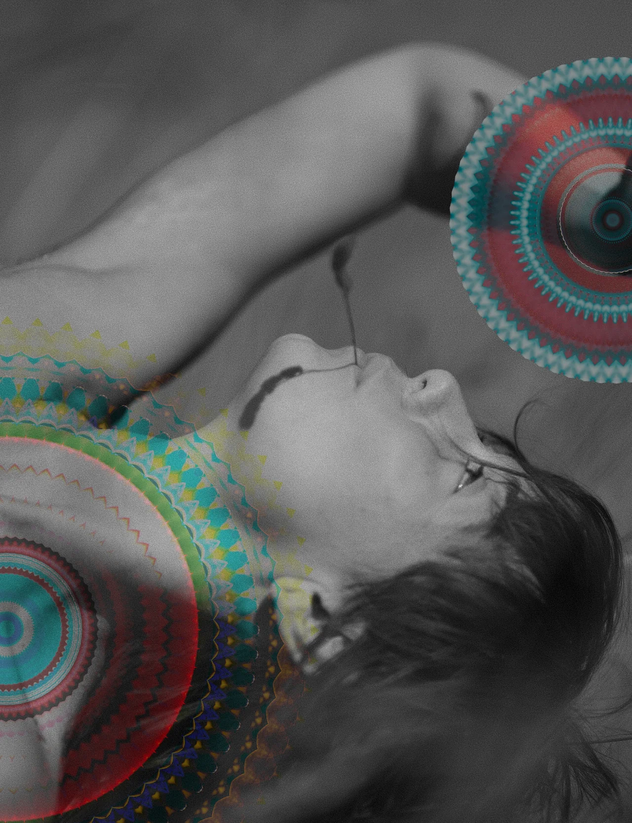 Centina Alexa reclining in a monochrome portrait layered with colourful kaleidoscope patterns.