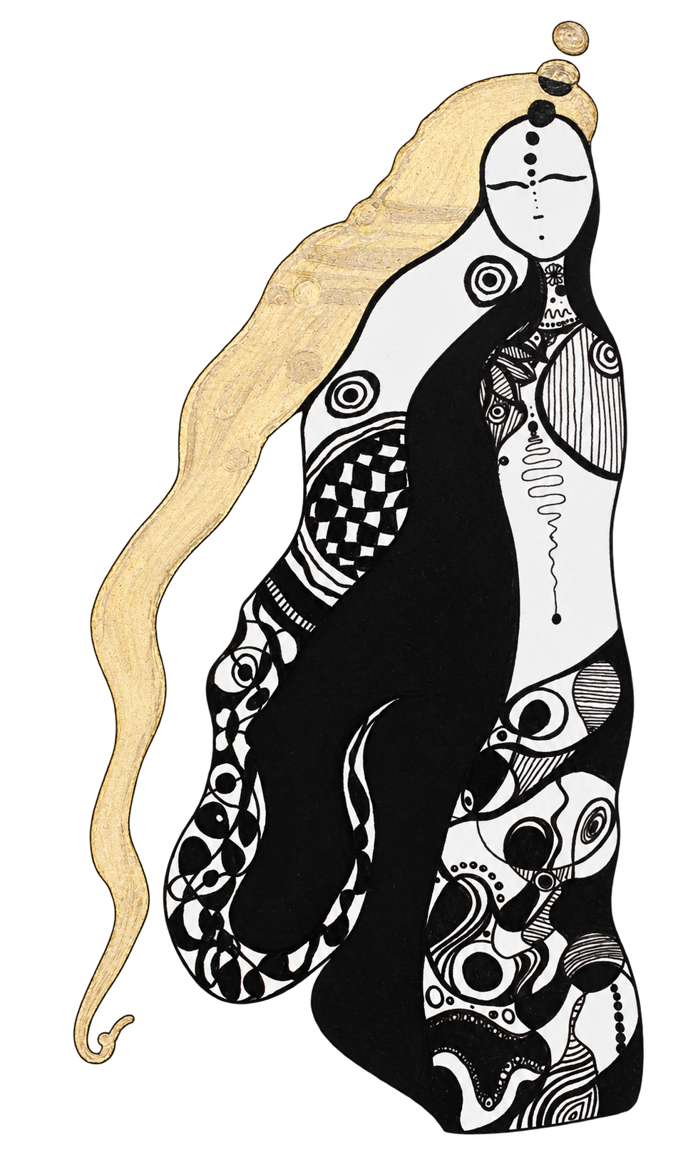 A lady with flowing gold hair and a body of black and white ink patterns.
